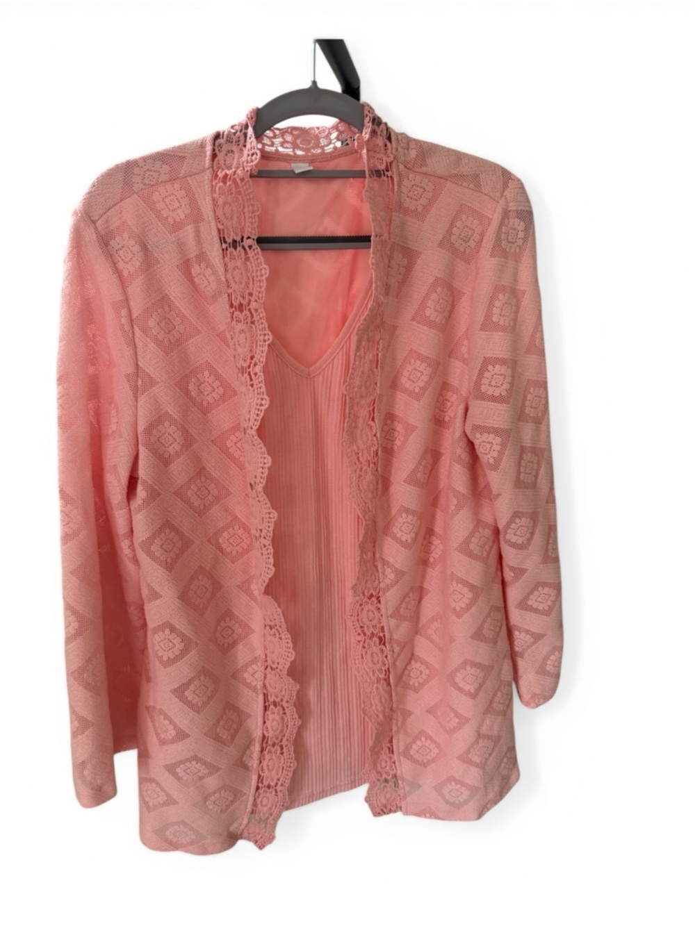 Pink Lace-Trim Two-Piece Cardigan Set Attached Shell Size XL (Brand Unknown)